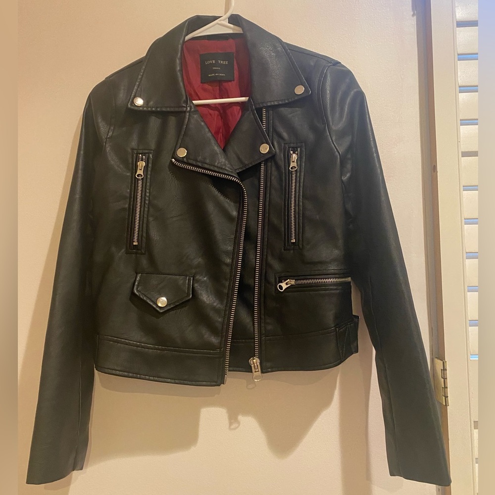 Faux Leather Jacket Black with Red Inner Lining Silver zippers and buttons